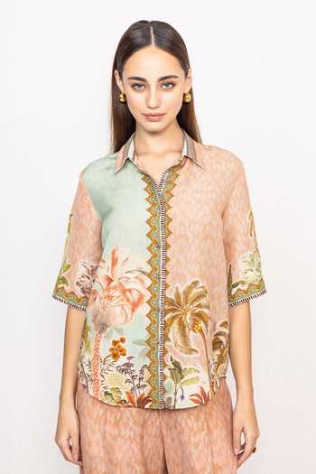 Buy_Ranna Gill_Multi Color Linen, Viscose Collared Neck Elva Printed Button-down Shirt _at_Aza_Fashions