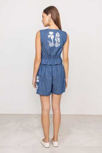 Shop_RANNA GILL_Blue Denim V-neck Kristoff Waist Coat _at_Aza_Fashions
