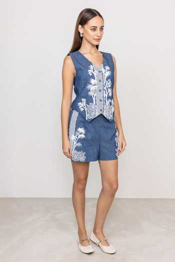 Buy_RANNA GILL_Blue Denim V-neck Kristoff Waist Coat _Online_at_Aza_Fashions