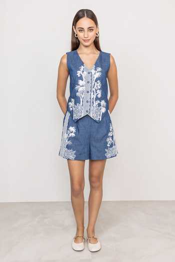 Shop_RANNA GILL_Blue Denim V-neck Kristoff Waist Coat _Online_at_Aza_Fashions