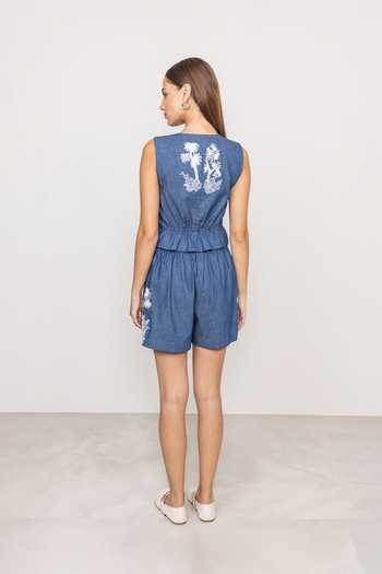 RANNA GILL_Blue Denim V-neck Kristoff Waist Coat _at_Aza_Fashions