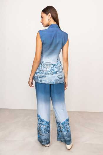 Shop_Ranna Gill_Blue Linen, Viscose V-neck Ember Rome Print Waist Coat _at_Aza_Fashions