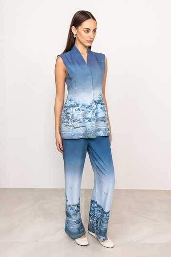 Ranna Gill_Blue Linen, Viscose V-neck Ember Rome Print Waist Coat _Online_at_Aza_Fashions
