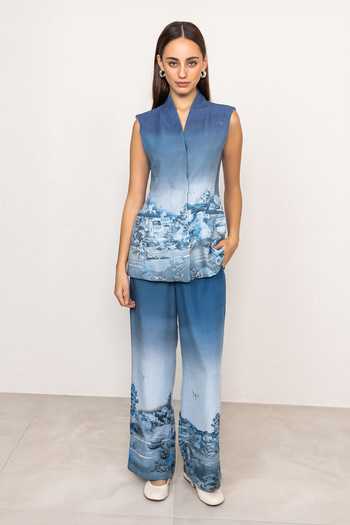 Buy_Ranna Gill_Blue Linen, Viscose V-neck Ember Rome Print Waist Coat _Online_at_Aza_Fashions