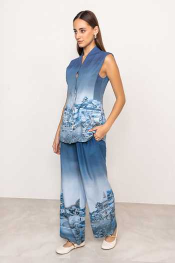 Shop_Ranna Gill_Blue Linen, Viscose V-neck Ember Rome Print Waist Coat _Online_at_Aza_Fashions