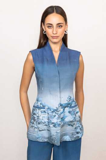 Ranna Gill_Blue Linen, Viscose V-neck Ember Rome Print Waist Coat _at_Aza_Fashions