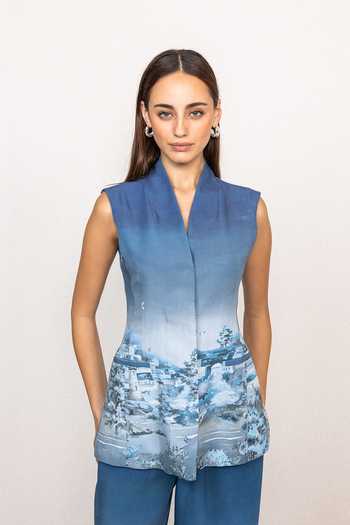 Buy_Ranna Gill_Blue Linen, Viscose V-neck Ember Rome Print Waist Coat _at_Aza_Fashions