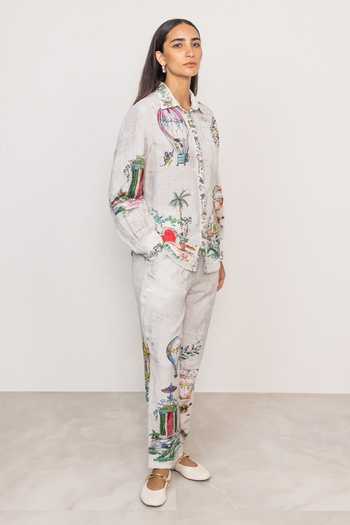 RANNA GILL_Grey Linen, Viscose Collared Neck Finch Cappadocia Print Shirt _Online_at_Aza_Fashions