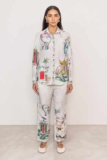 Buy_RANNA GILL_Grey Linen, Viscose Collared Neck Finch Cappadocia Print Shirt _Online_at_Aza_Fashions