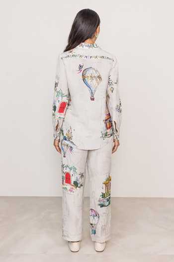 Shop_RANNA GILL_Grey Linen, Viscose Collared Neck Finch Cappadocia Print Shirt _at_Aza_Fashions