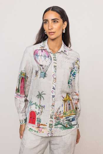 Buy_RANNA GILL_Grey Linen, Viscose Collared Neck Finch Cappadocia Print Shirt _at_Aza_Fashions