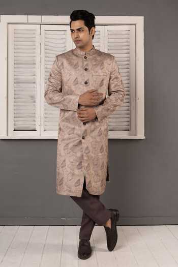 Buy_Poonam Kasera_Brown Silk Beige Jacquard Woven Sherwani Set _at_Aza_Fashions