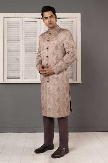 Buy_Poonam Kasera_Brown Silk Beige Jacquard Woven Sherwani Set _Online_at_Aza_Fashions