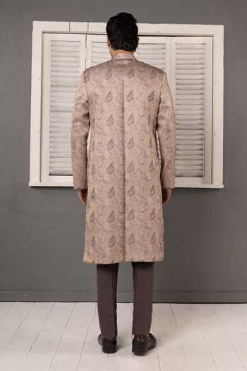 Shop_Poonam Kasera_Brown Silk Beige Jacquard Woven Sherwani Set _at_Aza_Fashions