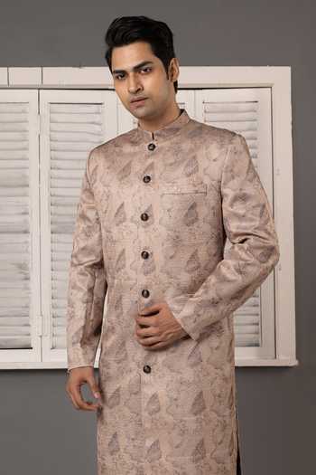 Shop_Poonam Kasera_Brown Silk Beige Jacquard Woven Sherwani Set _Online_at_Aza_Fashions