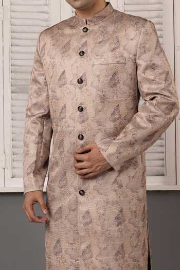 Poonam Kasera_Brown Silk Beige Jacquard Woven Sherwani Set _at_Aza_Fashions