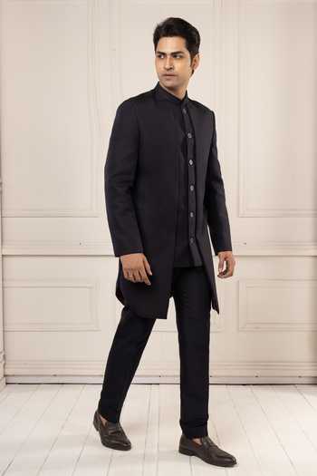 Buy_Poonam Kasera_Black Silk Asymmetric Achkan Set _Online_at_Aza_Fashions