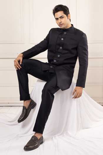 Poonam Kasera_Black Silk Asymmetric Achkan Set _at_Aza_Fashions