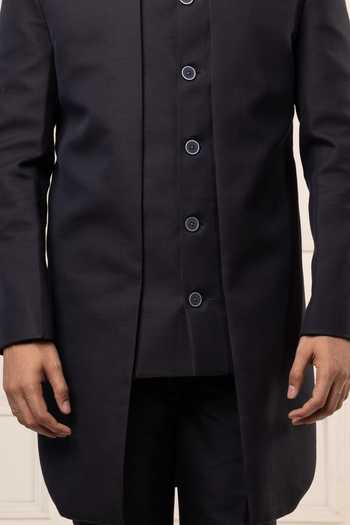 Buy_Poonam Kasera_Black Silk Asymmetric Achkan Set 