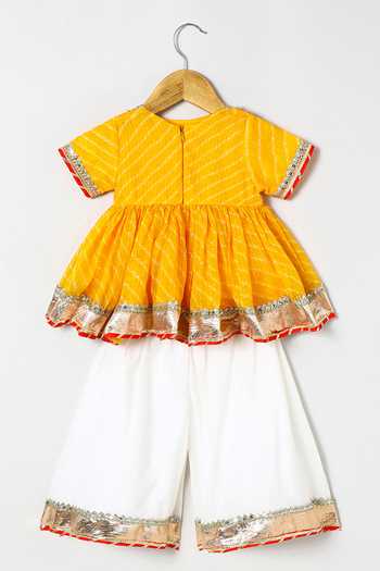 Byb Premium_Yellow Kota Doria Embroidery Embellished Peplum Top And Palazzo Set _at_Aza_Fashions