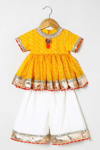 Shop_Byb Premium_Yellow Kota Doria Embroidery Embellished Peplum Top And Palazzo Set 