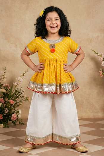 Byb Premium_Yellow Kota Doria Embroidery Embellished Peplum Top And Palazzo Set 