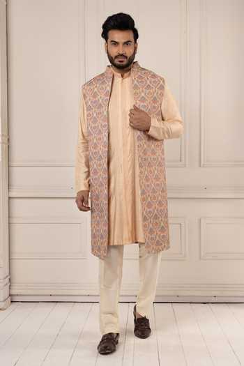 Buy_Poonam Kasera_Peach Silk, Dupion Jamevar Embroidered Long Jacket Set _at_Aza_Fashions