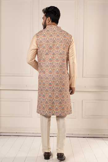 Shop_Poonam Kasera_Peach Silk, Dupion Jamevar Embroidered Long Jacket Set _at_Aza_Fashions