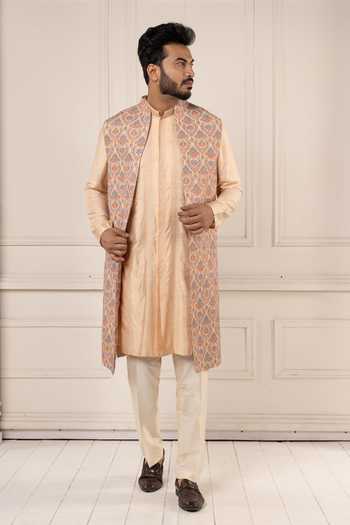 Poonam Kasera_Peach Silk, Dupion Jamevar Embroidered Long Jacket Set _Online_at_Aza_Fashions