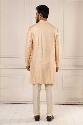Shop_Poonam Kasera_Peach Silk, Dupion Jamevar Embroidered Long Jacket Set _Online_at_Aza_Fashions