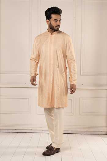 Poonam Kasera_Peach Silk, Dupion Jamevar Embroidered Long Jacket Set _at_Aza_Fashions