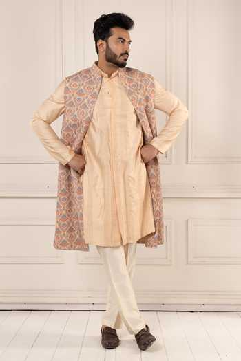 Buy_Poonam Kasera_Peach Silk, Dupion Jamevar Embroidered Long Jacket Set 