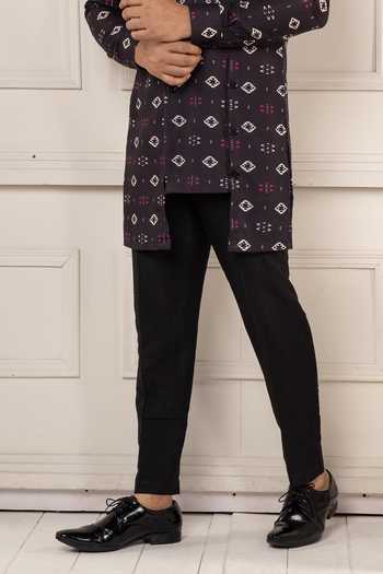Poonam Kasera_Maroon Silk, Cotton Ikat Print Short Kurta Set _Online_at_Aza_Fashions