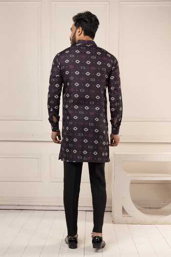 Shop_Poonam Kasera_Maroon Silk, Cotton Ikat Print Short Kurta Set _at_Aza_Fashions