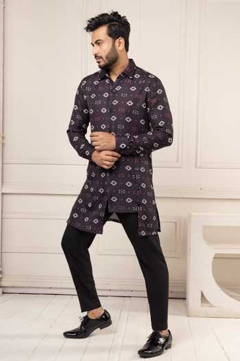 Buy_Poonam Kasera_Maroon Silk, Cotton Ikat Print Short Kurta Set _Online_at_Aza_Fashions