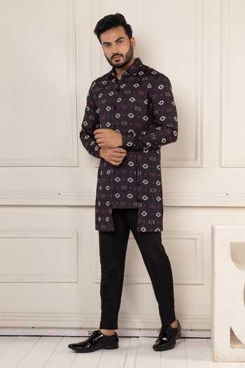 Shop_Poonam Kasera_Maroon Silk, Cotton Ikat Print Short Kurta Set _Online_at_Aza_Fashions