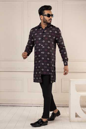 Poonam Kasera_Maroon Silk, Cotton Ikat Print Short Kurta Set _at_Aza_Fashions