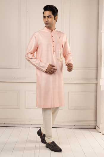 Buy_Poonam Kasera_Pink Silk, Dupion Blush Embroidered Kurta Set _Online_at_Aza_Fashions