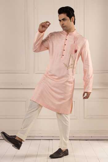Shop_Poonam Kasera_Pink Silk, Dupion Blush Embroidered Kurta Set 