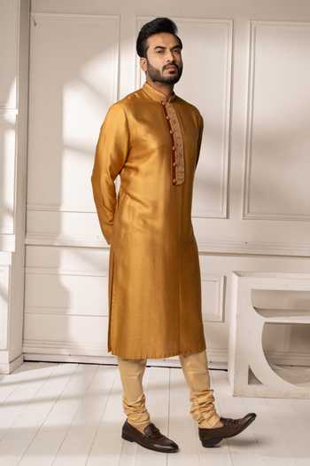 Shop_Poonam Kasera_Yellow Silk, Dupion Kashmiri Embroidered Kurta Set _Online_at_Aza_Fashions
