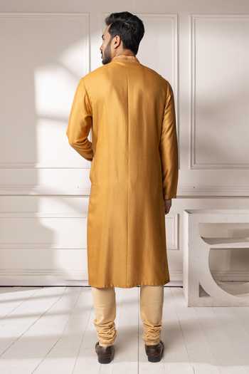 Shop_Poonam Kasera_Yellow Silk, Dupion Kashmiri Embroidered Kurta Set _at_Aza_Fashions