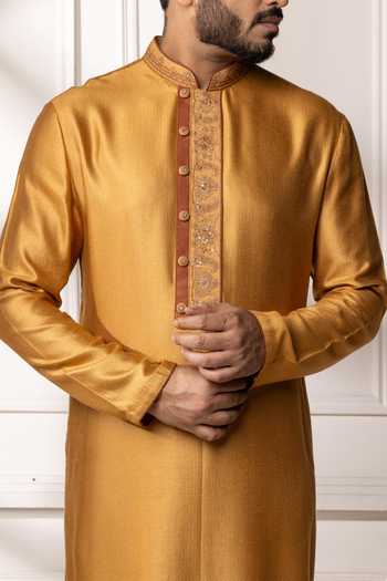 Shop_Poonam Kasera_Yellow Silk, Dupion Kashmiri Embroidered Kurta Set 