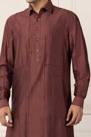Shop_Poonam Kasera_Maroon Silk, Cotton Deep Textured Kurta Set 