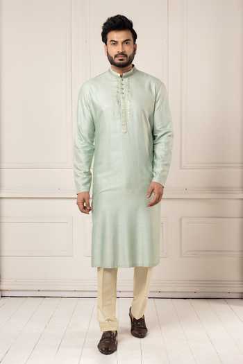 Poonam Kasera_Green Silk, Dupion Mint Gota Embroidered Kurta Set _at_Aza_Fashions