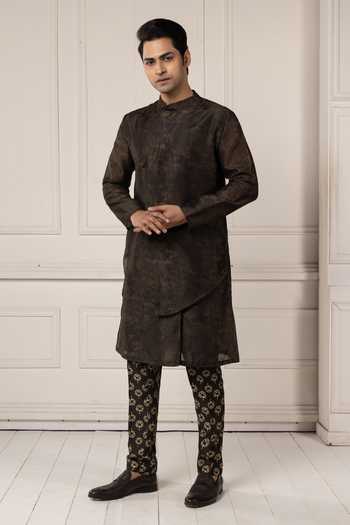 Poonam Kasera_Olive Green Chanderi Layered Kurta Set _Online_at_Aza_Fashions