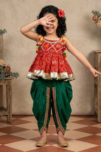 Buy_Byb Premium_Fuchsia Kota Doria Pom-poms, Fuschia Embellished Peplum Top And Dhoti Pant Set _at_Aza_Fashions