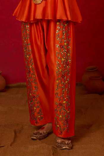 Buy_Nitara Dhanraj Label_Orange Crepe, Chanderi Silk V-neck Embroidered Kurta Set _Online_at_Aza_Fashions