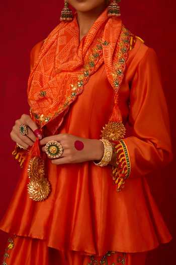Shop_Nitara Dhanraj Label_Orange Crepe, Chanderi Silk V-neck Embroidered Kurta Set _Online_at_Aza_Fashions