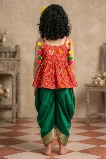 Shop_Byb Premium_Fuchsia Kota Doria Pom-poms, Fuschia Embellished Peplum Top And Dhoti Pant Set _at_Aza_Fashions