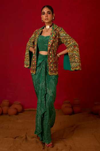Buy_Nitara Dhanraj Label_Green Crepe Collared , Sweetheart Sequin Work Jacket Skirt Set _at_Aza_Fashions
